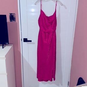 Hot Pink Satin Jacquard Cowl Midi Dress!